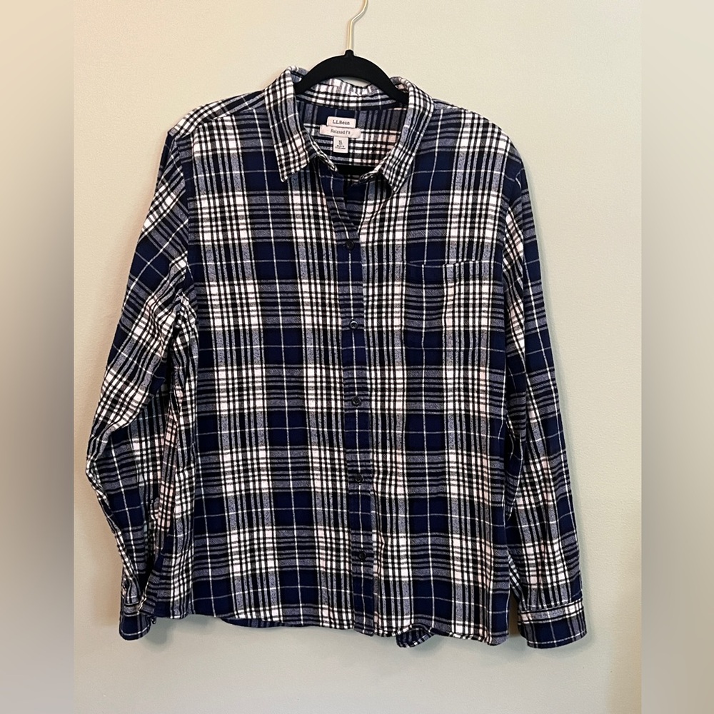 L.L. Bean Plaid‎ Flannel Blue White Men XL